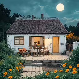 the small house is painted with blues and yellow