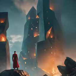 a man in a red coat standing on top of a rock formation