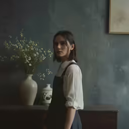 a woman standing in front of a wooden dresser with white flowers