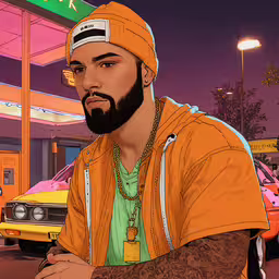 a guy with tattoos sitting outside a gas station,a man standing in front of a car and wearing a yellow hoodie