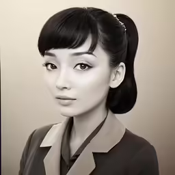 an asian woman posing for the camera in black and white