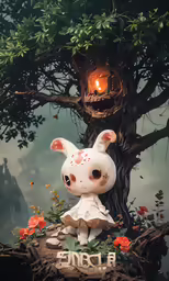 a statue of an animal sitting next to a tree