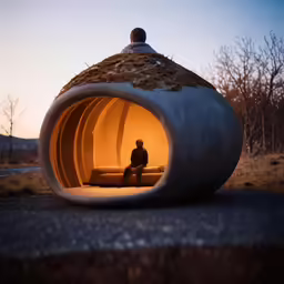 a man sitting in a circular designed like an egg shaped