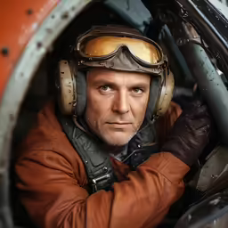 a man in an airplane holding his helmet with his left hand