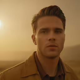 there is a young man with a brown jacket and tan shirt