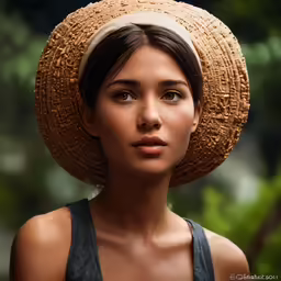 a young woman with a large hat on her head