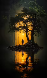 a silhouette of a person standing under a tree near water