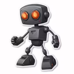 a sticker of a robot with big red eyes and a small black body