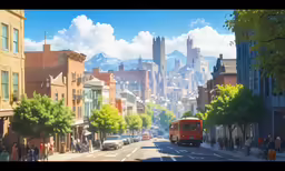 a small red bus traveling past tall buildings