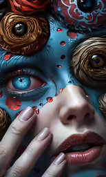 a painting of eyes, lips, and petals