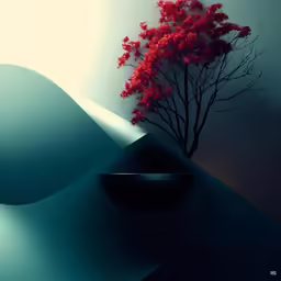 a painting of a plant with water in the background