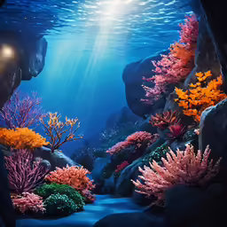 a underwater scene with rocks, rocks and plants in the water