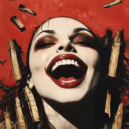 a woman with dark makeup, nails and vampire makeup