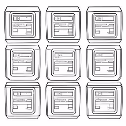 five squares of different sizes and a number of dots with several lines, each in one,eight screens showing different steps in which each line is numbered,a set of eight squares that have the same amount as each other,eight different type of electronic devices,several rows of frames drawn in a black and white pen