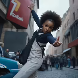 a woman poses with her hand up in the air on a busy street