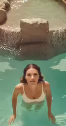 a woman swimming in the water near a rock wall