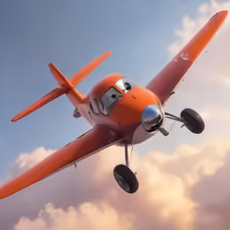 a small orange airplane flying high in the air