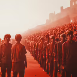 a large group of people walking down a street