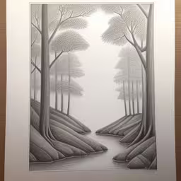 a drawing of a forest with rocks and trees
