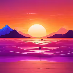a sunset with a pink orange and purple background,two people are walking in the water at sunset