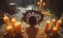 a naked woman in the middle of candles