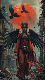 a lady with dark hair and a winged halo and holding a large red umbrella in her hand