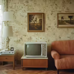 a living room with couch and a television on top of a box