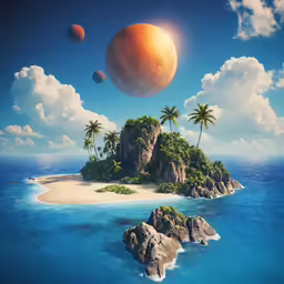 an island with palm trees and three planets floating in the sky