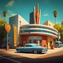 the front view of a theater and car parked outside