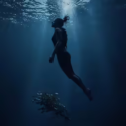 there is a woman swimming under water