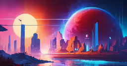digital artwork of city landscape with planets in background,the digital painting depicts an futuristic city in the future