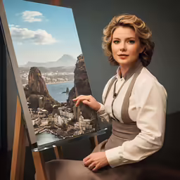 a woman standing in front of a painting