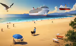 people sitting on the beach next to a large ship,people on the beach are standing and swimming while a ship flies through the air