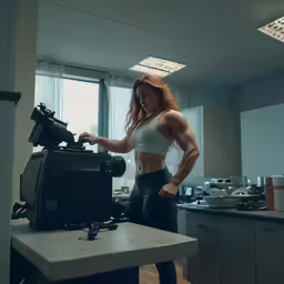 the woman is posing by the film camera