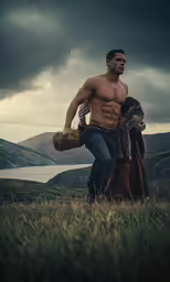 a man walking on top of a grass covered field
