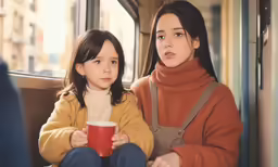 two girls on a bus with coffee