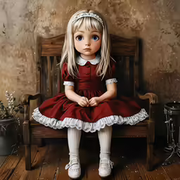 a young girl in a dress and white shoes sitting on a wooden bench