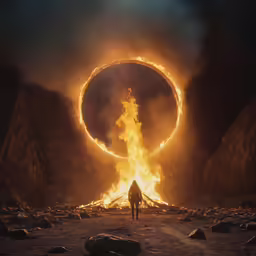 a person standing in front of a blazing circle