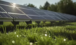 some solar panels are lined up on the grass