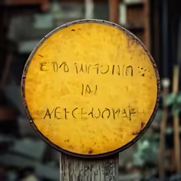 a wooden pole with a yellow sign written on it