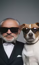 a dog wearing sunglasses and a man wearing a suit