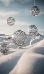 the four white glass balls suspended from strings