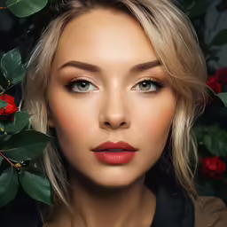 beautiful blond woman with long, blonde hair and red lips wearing lipstick