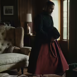 a man in a long skirt standing next to a couch
