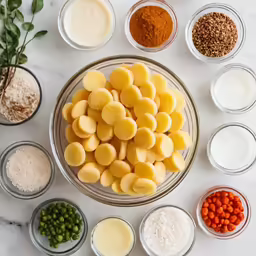 bowls with ingredients to make an omelet on white table