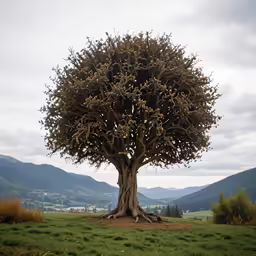 a tree with several branches is in a green field