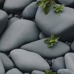 a green leaf rests on some stones with other green plants in the rocks