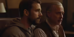 two men sitting together on brown leather couches