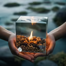 a hand holding a glass box that contains a fire