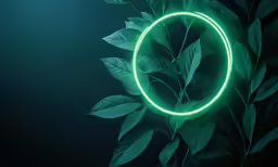a green neon ring surrounded by green leaves